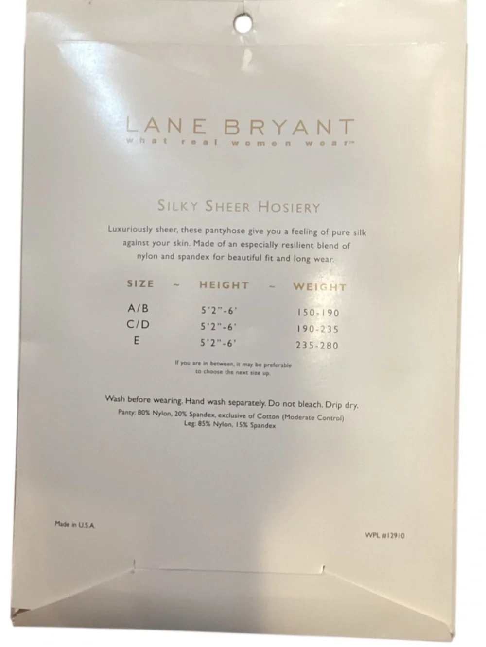 Lane Bryant Black Silky Sheer Control Top Pantyhose Plus Size‎ C/D